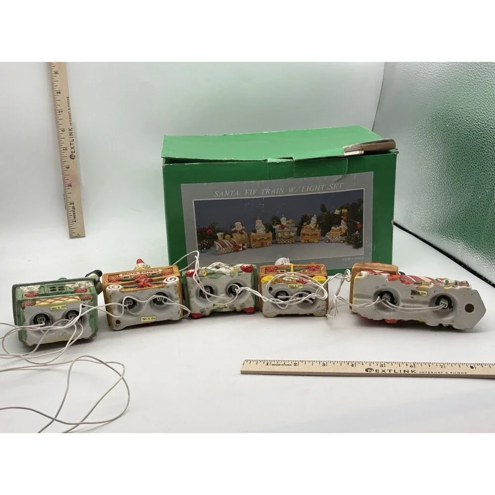 Vintage Santa Elf Christmas Lighted Train Set 5 Pc Ceramic Bisque w/ Box Works